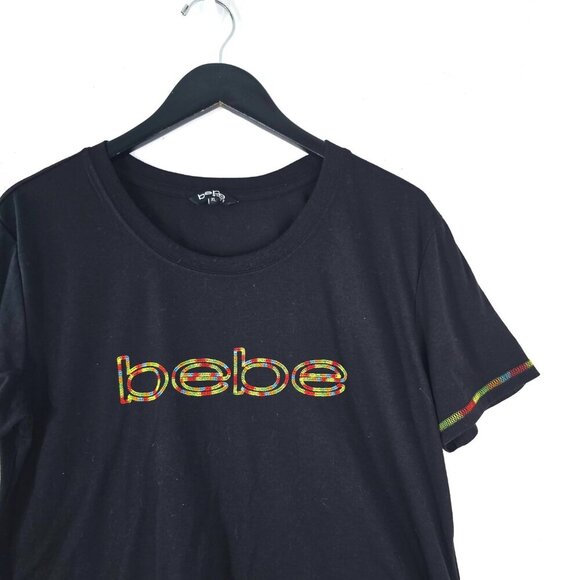 BEBE Sport Y2K Black Rainbow Stitched Boxy Crop Length Baby Tee - Picture 3 of 6